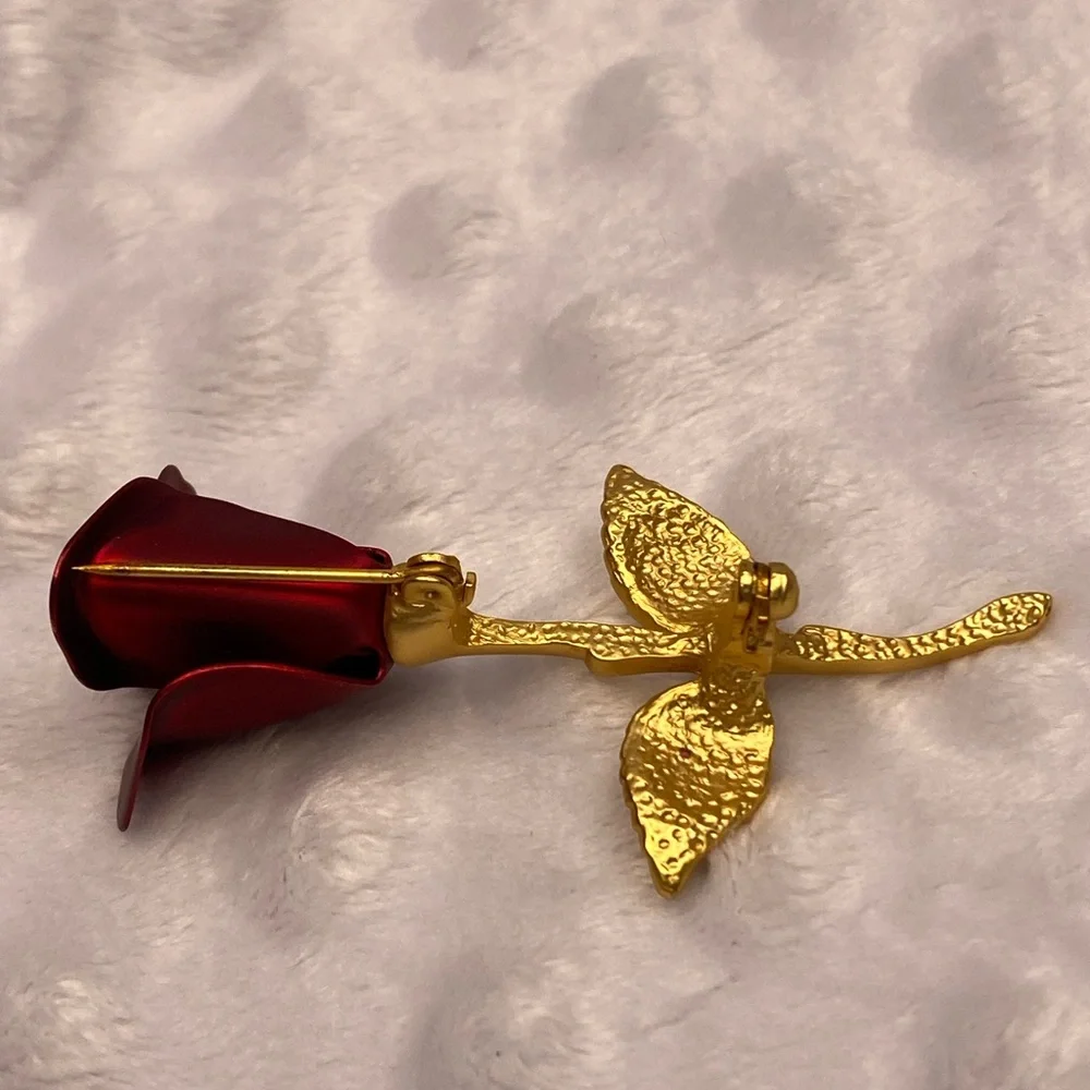 Vintage Red Rose Brooch with Gold Stem and Two Leaves